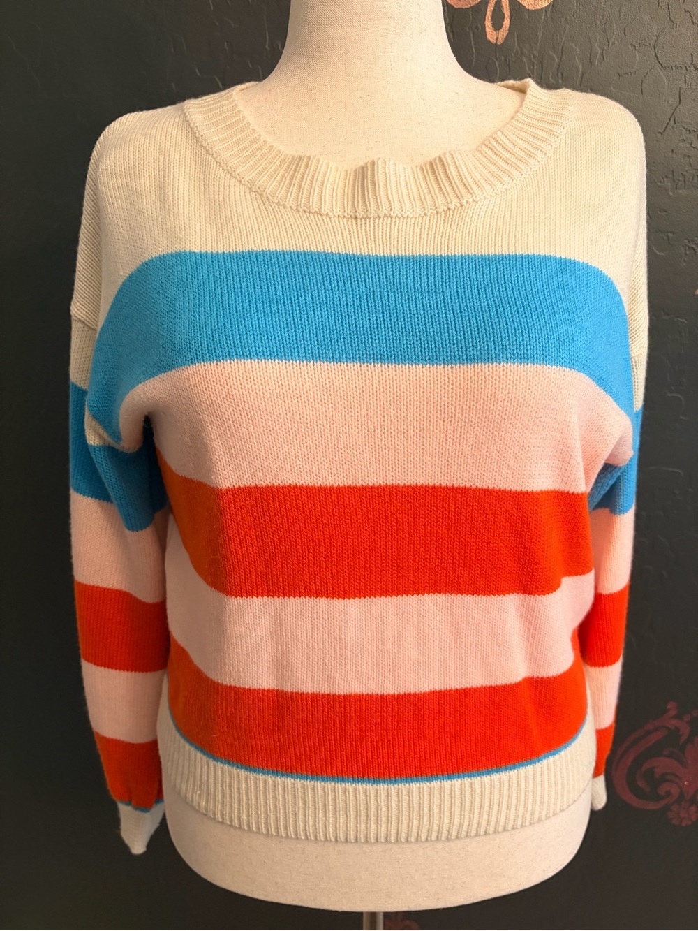 SHEIN Cream Crewneck Sweater with Blue, Pink & Red Stripes